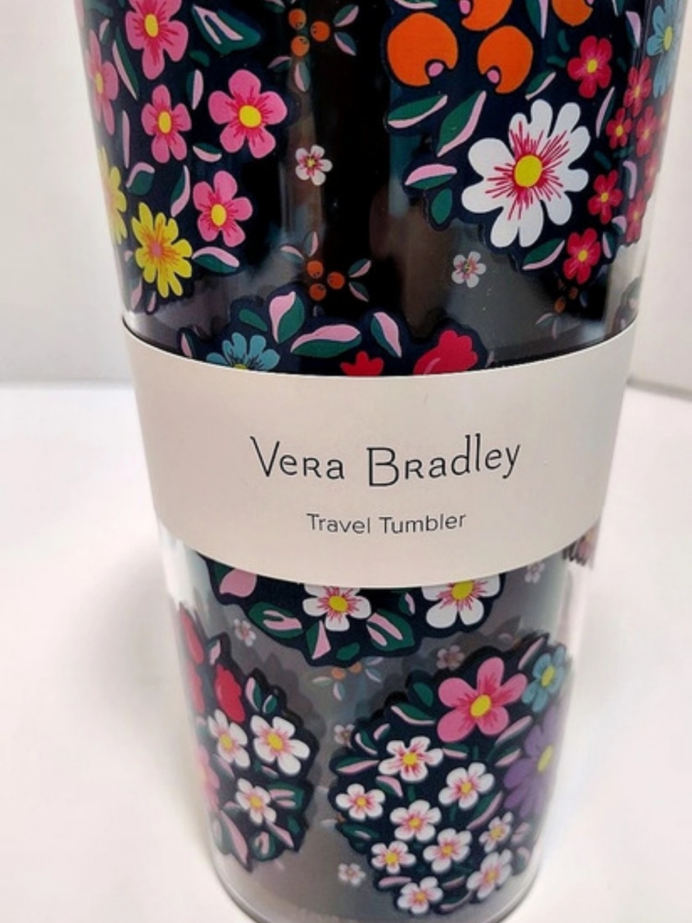 Vera Bradley Kaleidoscope Rosettes Floral Travel Tumbler Black & Pink NWT